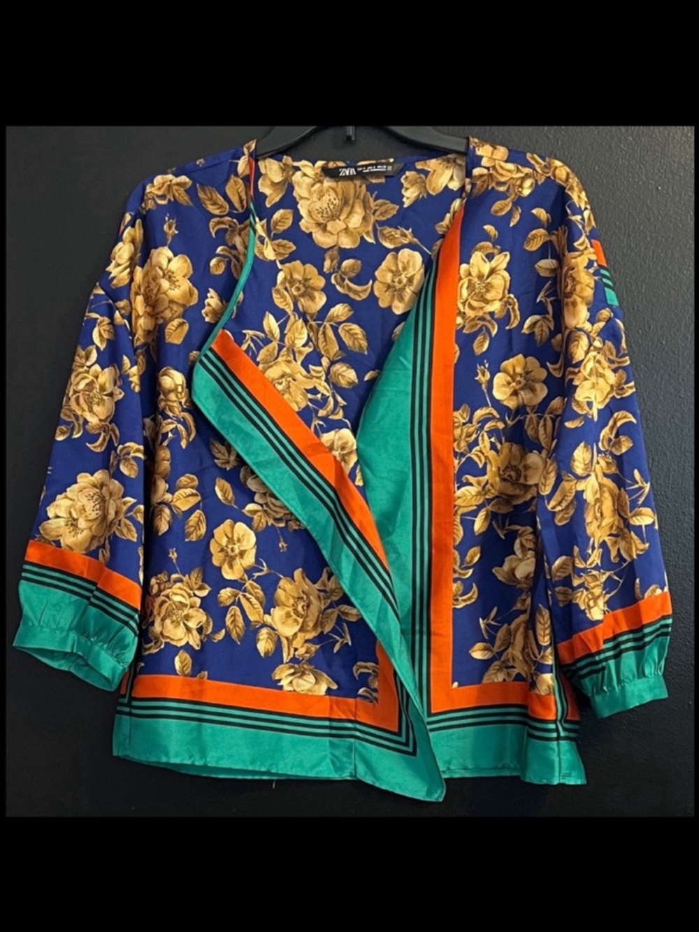 Zara Gold Floral Scarf Blouse in Royal Blue, Gold & Teal